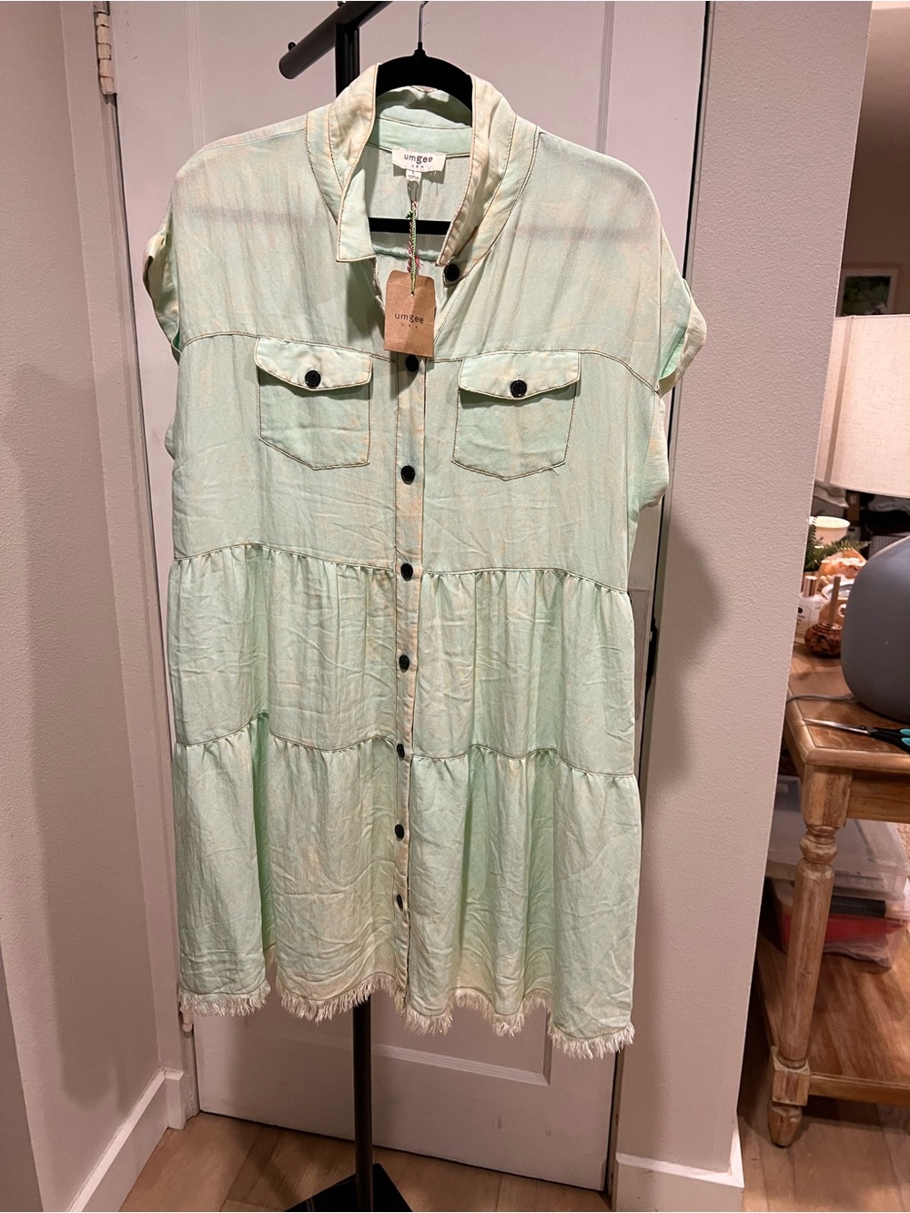 Umgee Mint Green Tiered Button-Front Women’s Dress Shirt